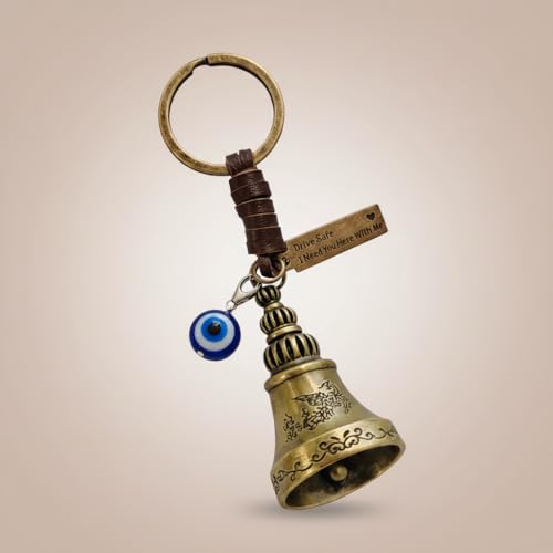 Image of Guardian Bell For Bike Keychain with Leather Strap & Evil Eye Charm | Drive Safe I Need You Here With Me Tag | Antique Brass Lucky Bell Keyring for Bike Car Scooter | Gift for Men Riders