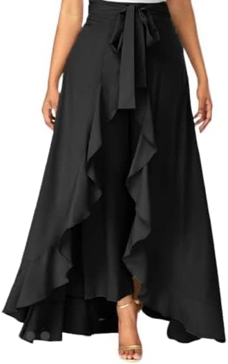 Womens Ruffle Palazzo Trouser Pant Split High Waist Crepe Palazzo Overlay Pant Skirt