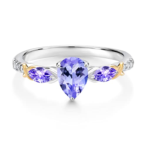 Gem Stone King 925 Silver 10K Yellow Gold Pear Shape Blue Tanzanite and White Lab Grown Diamond Engagement Ring For Women (1.01 Cttw, Gemstone December Birthstone, Available in Size 5,6,7,8,9)2