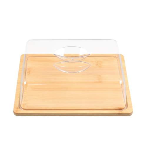 YedZen Bandeja para tartas con tapa, 24 cm, soporte para tartas de madera con tapa y pie, bandeja para tartas de bambú con campana y asa, rectangular, irrompible, soporte para tartas, hornear