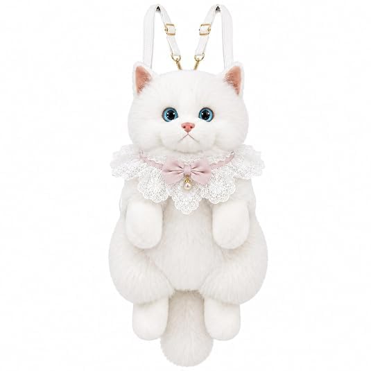 Cute Plush Cat Backpack for Girls & Women | Soft Stuffed Animal Shoulder Bag with Adjustable Straps | Kawaii Kitty Plush Backpack for School, Travel, Shopping, Gifts & Daily Use [ White ]-picture-29