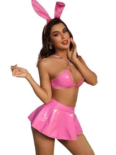 MIZSPISE Ensemble de Tenue Sexy Club Femme Cuir Mini Jupe et Haut Hot (FR/ES, Alpha/Lettres, Taille Unique, Taille Normale, Taille Normale, Rose)