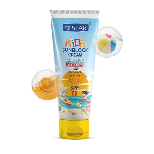 SZ STAR Kids Sunscreen For Face & Body SPF 50 - (safe ingredients) Moisturizing and Water Resistant Sunblock with Vitamin E Zinc Oxide & Titanium Dioxide - Non-Greasy Fast Absorbing 100g