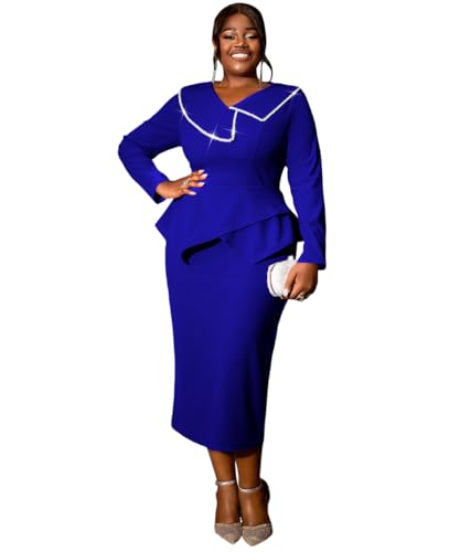 AOMEI Womens Pearl Lapel V Neck Long Sleeve Peplum Bodycon Pencil Business Dress Church Midi Hide Belly Dresses for Women