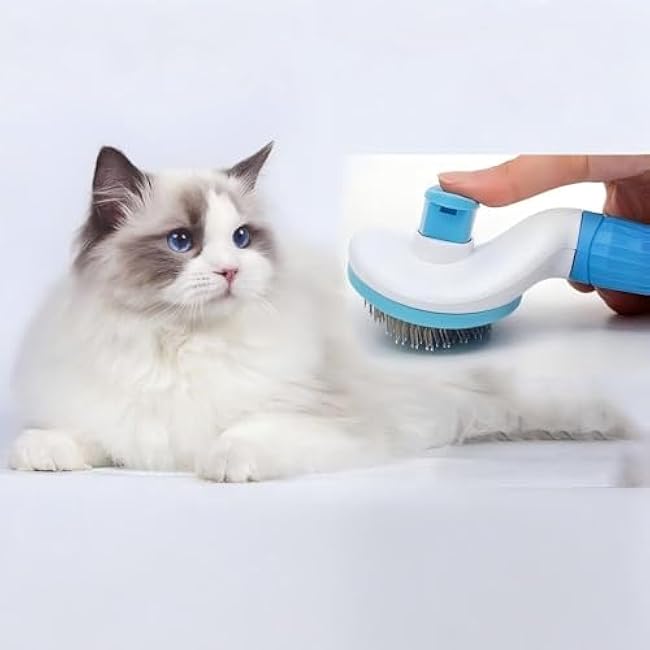Cat Hair Brush, Cat Brush for Shedding with Metal Comb, Self Cleaning Pet Hair Brush with Release Button - Skin Friendly Deshedding Grooming Brush for Short and Long Haired Cats-GL0nrDZ1
