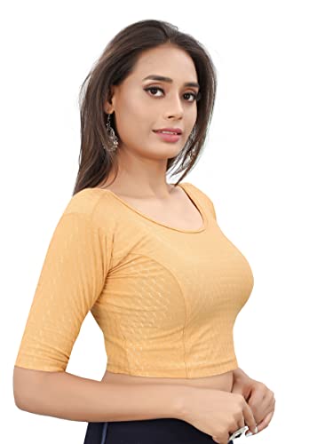Image of Round Neck Dobby Cotton Lycra Stretchable Elbow Sleeve Readymade Saree Blouse for Women Stylish