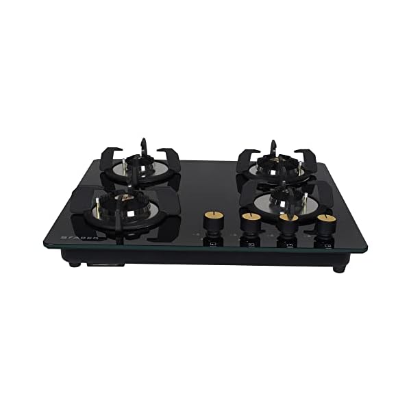 Faber Hob/Hobtop 4 Brass Burner Auto Electric Ignition Glass and Mild Steel Top (Maxus HT604 CRS BR CI AI) Black