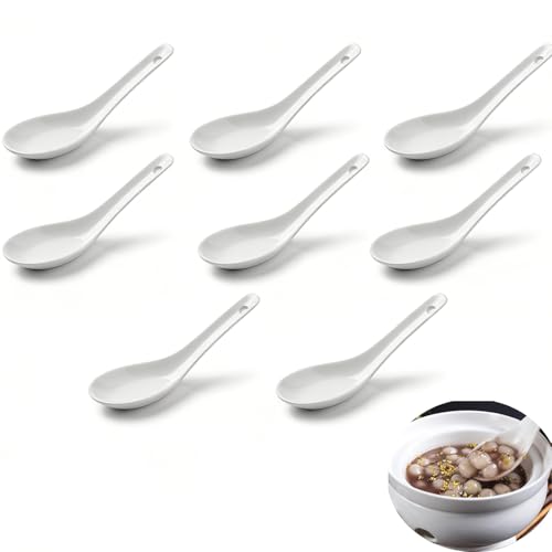 8 Piezas Juego cucharas cerámica, Cuchara servir ramen, Cuchara sopa asiática, para servir cuencos de arroz, ramen, entrantes, postres. (Blanco)