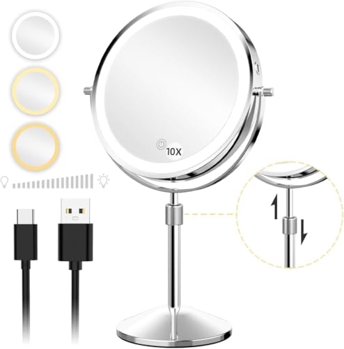 TEHEO Vanity Mirror with Lights 10 Inch | 3 Color Lights | Height-Adjustable | Stepless Dimming | 1X/10X Double Sided HD Mirror | 360° Swivel | Rechargeable Type-C | Silver