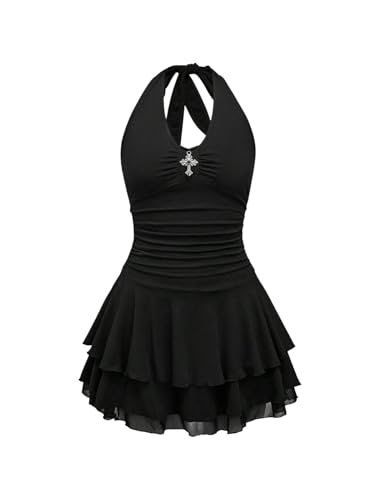 Milumia Women's Punk Tie Backless Halter Dress Y2k Ruched Layered Ruffle Hem Mini Dresses