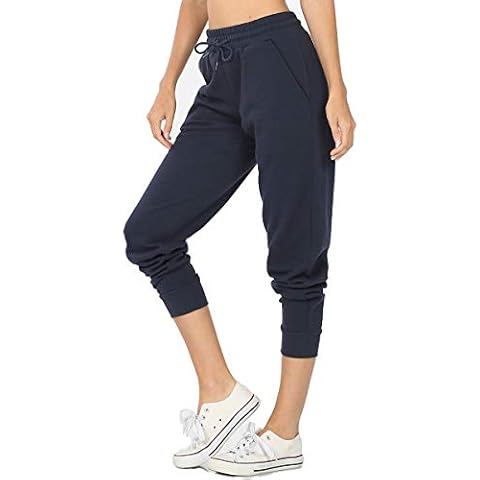 Zenana Women's Relax Fit Cropped Fleece Jogger Lounge Sweatpants Running Pants - blue - Large Cover