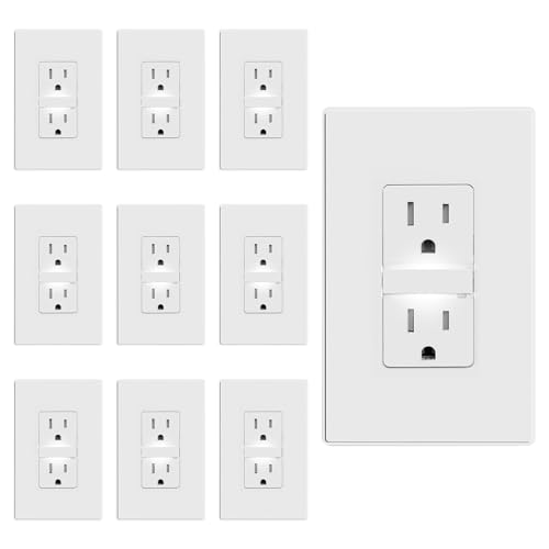Image of ELEGRP Decorative Outlet Night Light, Electrical Wall Outlets with Built in Led Guidelight 6000K, Tamper Resistant Receptacle, 15 Amp 125 Volt, Plate Cover Included, Matte White, 10 Pack