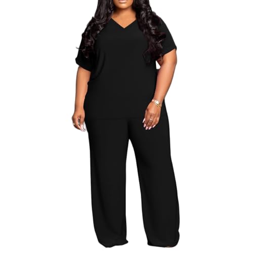 TOPSRANI Womens Plus Size Lounge Set V-Neck 2 Piece Outfits Sweatsuits Tracksuit Short Sleeve Baggy Wide Leg Pant Sets