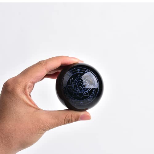 JIC Gem Obsidian Crystal Ball with Blue Sodalite Decorative Stand 3D Carving Blue Lotus Obsidian Healing Crystal Feng Shui Ball Sphere Decorative(60mm / 2.2in)