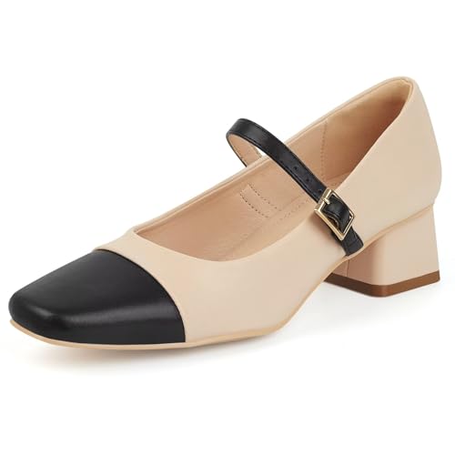 MUSSHOE Mary Jane Shoes Low Heel Women's Pumps Chunky Block Heel Comfortable Dress Shoes Square Cap Toe Adjustable Strap