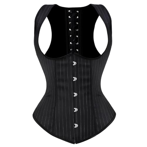 Corset Colete Modela Cintura Social Risca De Giz Alça Costa Fechada Preto M667