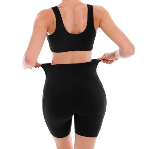 SINOPHANT 2 Pack Radlerhose Damen mit Taschen Kurz Shorts High Waist Leggings für Sommer Sport Fitness Yoga Schwarz L-XL