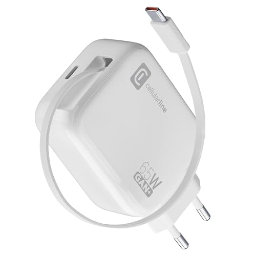 Cellularline Caricabatterie da Rete 65W con Cavo Retrattile USB-C 90cm, Tecnologia GaN, Doppia Porta USB-C Power Delivery, Compatto per Smartphone, Tablet e Laptop, Bianco