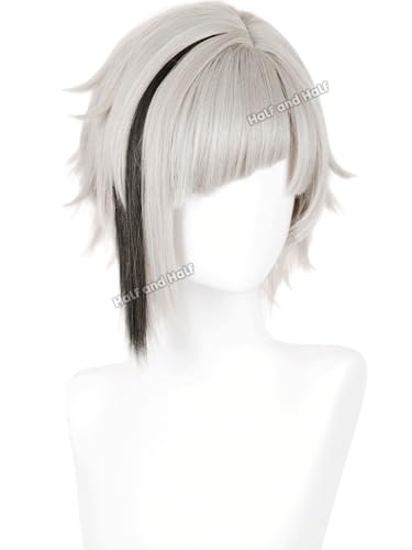 Image of Half and Half Atsushi Cosplay Wig Short Light Gray Blonde Anime Wigs for Men Platinum Blonde Wig with Bangs + Black Hairpiece for Halloween Party Daily Women Unisex