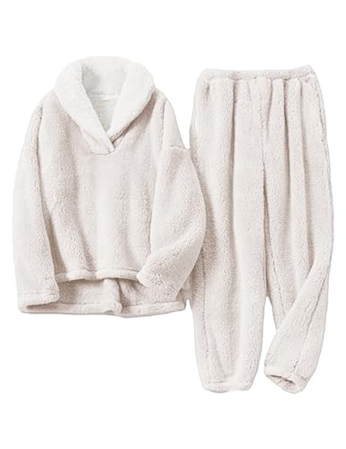 Peaceglad Mens Fluffy Coral Fleece Pajamas Set Pullover Pants Loose Plush Warm Loungewear Sleepwear, Beige, Medium