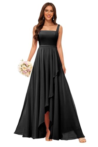 Image of Elegant Chiffon Bridesmaid Dresses with Slit 2025 Square Neck Formal Evening Dress with Pockets TM149