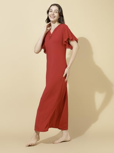 Image of 9shines Label Stylish Soft Modal Maxi Nighty | Honeymoon Nighty | Full Length Trendy Nightgown | V-Neck Lace | Premium Nightdress | Soft Long Nightdress | Maxi Gown Nightwear for Women (Malai Satin)