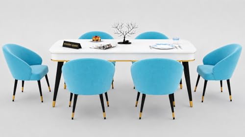 Image of WOODEN SPACE 6-Seater Wooden Dining Table Set | Nano Composite Marble Top | Solid Wood Base | Modern Dining Room Furniture with 6 Chairs (Modern Classic Sky Blue)