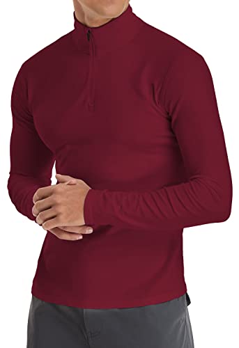 KUYIGO Polos à Manches Longues pour Hommes Quarter-Zip Casual Slim Fit Mock Neck Chemises en Coton conçues de Base L Vin Rouge Cover
