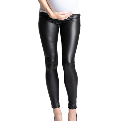Pantalones de Maternidad Mujer PU sobre el Vientre Pantalones de Cuero Premama Embarazada Cintura Alta Pantalones Slim Fit Ropa Maternidad premamá Moda Punk Leggings Cómodo