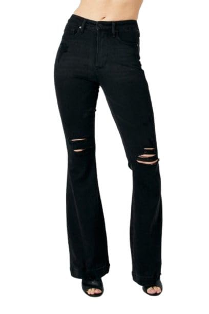 Judy Blue Women's High-Waist Tummy Control Destroyed Flare Jeans (US, Numeric, 3, Regular, Regular, Black)