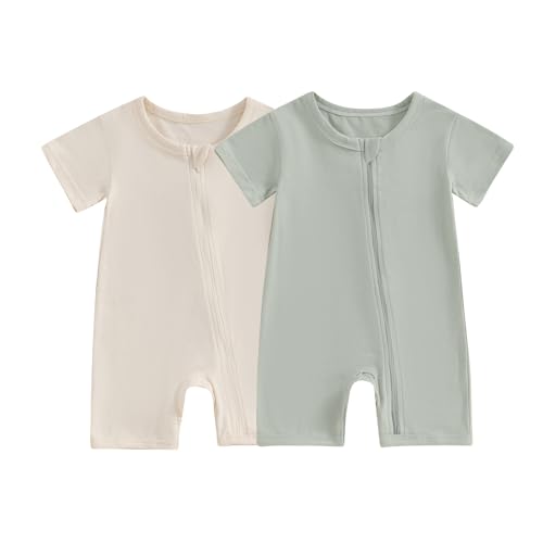 Merqwadd Baby Boy Girl 2 Pack Romper Short Sleeve Zipper Jumpsuit Plain Summer Clothes