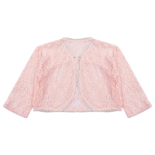 renvena Kids Girls Floral Lace Cardigan Shrug 3/4 Sleeve Open Front Crop Sweater Dressy Bolero Jacket4
