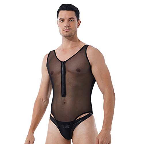 Men's Underwear One Piece Sleeveless Mesh Bodysuit Leotard Mankini Wrestling Singlet2