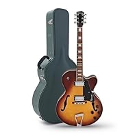 Includes hard case for secure transport and storage Full-sized F-holes enhance natural acoustic projection Dual vintage-voiced humbuckers with versatile tone control Solid hardwood bridge design for improved sustain and stability