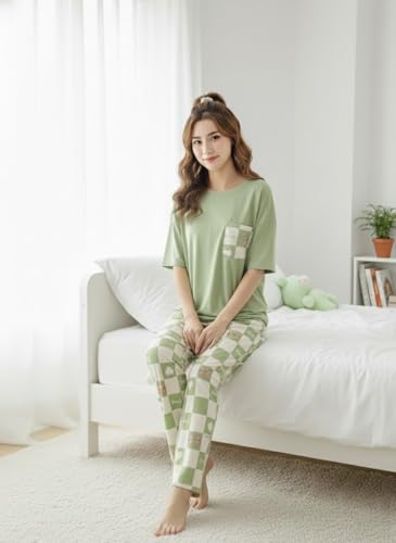 Image of SHIENZY Women Korean Style Night Suit | Round Neck Short Sleeve Cute Printed Cotton Pajama Set for Girls & Women | Soft Nightwear, Loungewear, Sleepwear for Women | Full Pyjama Set | Co-ord Set