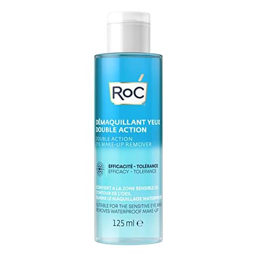 RoC - Desmaquillador de Ojos Doble Acción - Combinación de Agua y Aceite - Elimina el Maquillaje Impermeable - Minimiza los Riesgos de Alergia - 125 ml