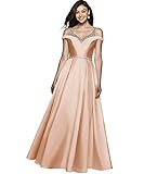 Schlicht und elegant: Bodenlang, elegante Satin, A-Linie, Rückenfrei, V-Ausschnitt, mit Perlen verziert.