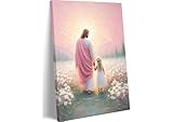 Jesus Walking with Girl Wall Art Christian Canvas Print Jesus Painting Posters Jesus and Child Religious Faith Picture Wall Decor for Church Kids Girls Room Framed