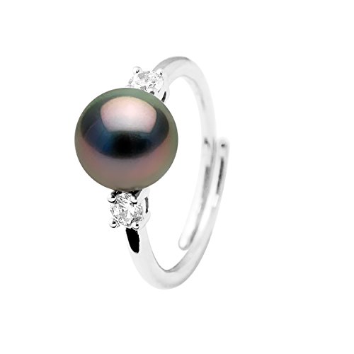PEARLS & COLORS - Bague Joaillerie Véritable Perle de Culture de Tahiti Ronde 8-9 mm - Qualité A+ - Argent Massif 925 Millièmes - Taille Ajustable - Bijou...