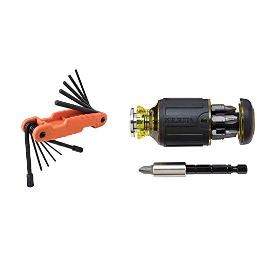 Klein Tools 70550 Hex Key Set, 11 Sae Sizes, Heavy Duty Folding Allen Wrench Tool & 32308 Multi-Bit Stubby Screwdriver, Impact Rated 8-In-1 Adjustable Magnetic Tool #TOP18