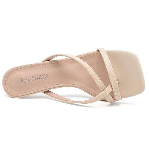 Enelauge Women's Strappy Low Kitten Heels Flip Flops Mules Sandals Square Open Toe Fashion Thong Heeled Sandals Slip On Wedding Bridal Party Dress Shoes3