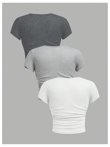 Image of SOLY HUX Girl's Basic Crop Top Set Crew Neck Short Sleeve T-Shirts 3 Packs Casual Summer Fitted Tees