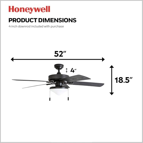 Honeywell Ceiling Fans Belmar 52 Inch Ceiling Fan With Light, Indoor/Outdoor Ceiling Fan with Pull Chain, LED Tri-Mount 5 Blade Design, ETL Damp Rated, Bronze (50512-01)