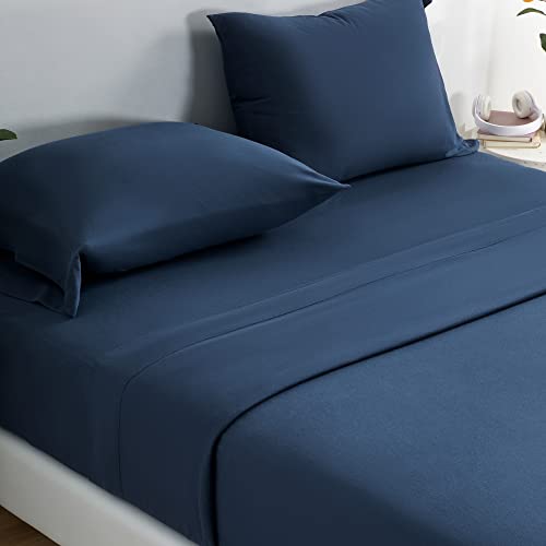 Sleep Zone 4-Piece Jersey Knit Sheet Set - Luxury Heather 100% Cotton T-Shirt Bed Linen Set - Deep Pocket Stretchy Bed Sheet Set For All Season (Navy, King) #TOP6