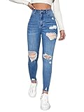 MakeMeChic Women's Ripped Skinny Jeans Casual High Waisted Distressed Stretch Denim Pants Blue A L