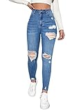 MakeMeChic Women's Ripped Skinny Jeans Casual High Waisted Distressed Stretch Denim Pants Blue A S