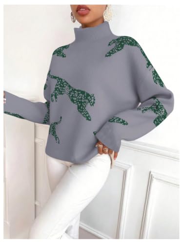 Image of WDIRARA Women's Leopard Tiger Print Sweater High Neck Long Sleeve Fuzzy Knitted Pullover Top