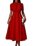 Memoriesea Women's Elegant Casual Short Sleeve Work Party A-Line Dress with Pockets Red