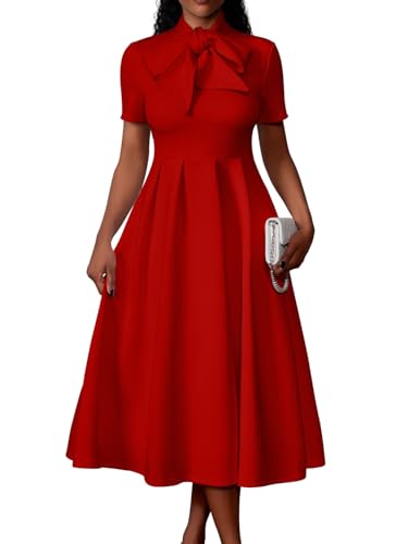 Memoriesea Womens Elegant Casual Short Sleeve Work Party A-Line Dress with Pockets Red