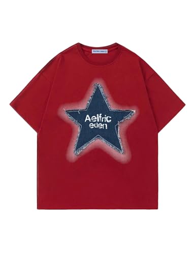 Aelfric Eden Star T Shirts Oversized Graphic Tees Denim Patchwork Short Sleeve Crewneck Shirts Y2K Vintage Unisex Streetwear